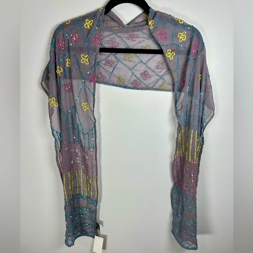 Raj Gray and Yellow Silk Scarf Sequins, 70” x 12”